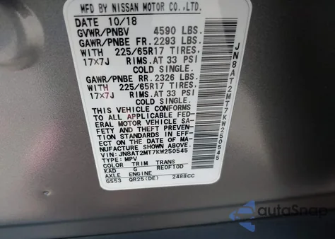 2019 Nissan Rogue Sv from USA, damaged, VIN JN8AT2MT7KW250545